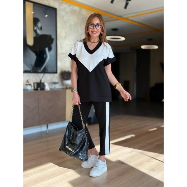 Kadın Kısa Kollu V Yaka Siyah Beyaz Renkli Viskon Iki Iplik Kumaş Eşofman Takımı