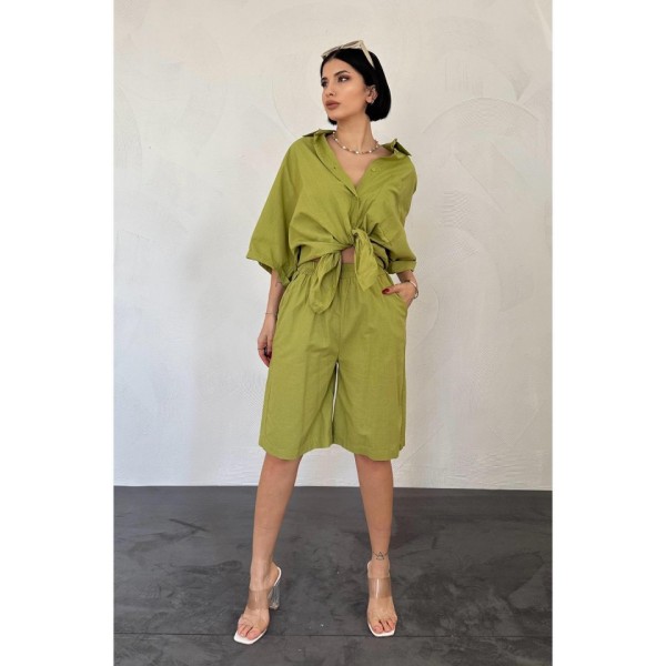 Yağ Yeşili Kısa Kollu Keten Gömlek Ve Şort Takım