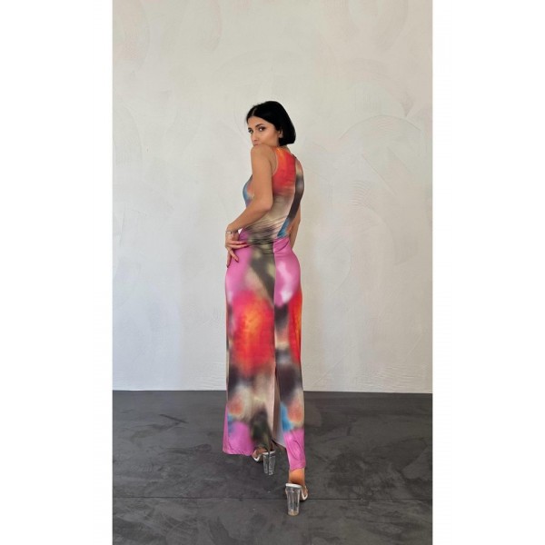 Bej Batik Desenli Elbise