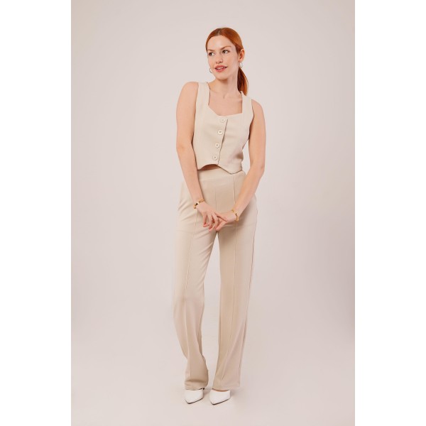 Kalın Askılı Düğmeli Yelek Ve Pantolon Bej Takım