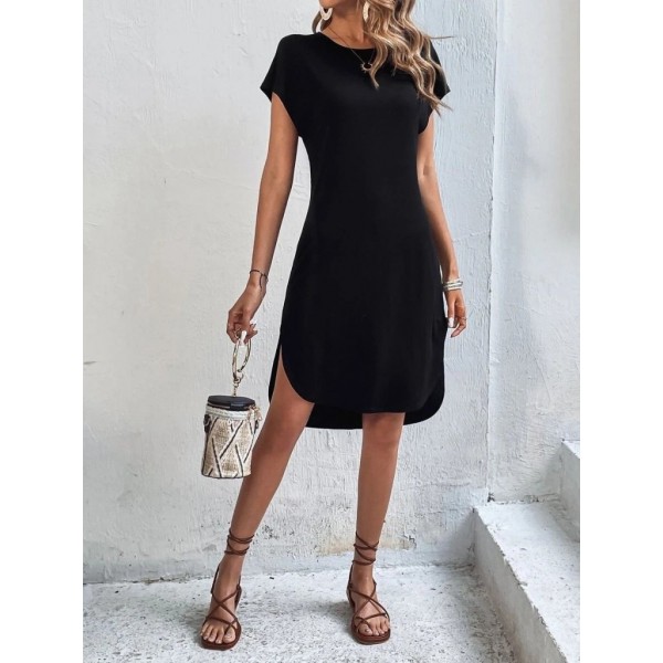 Kadın Kısa Kollu Bisiklet Yaka Viskon Iki Iplik Elbise