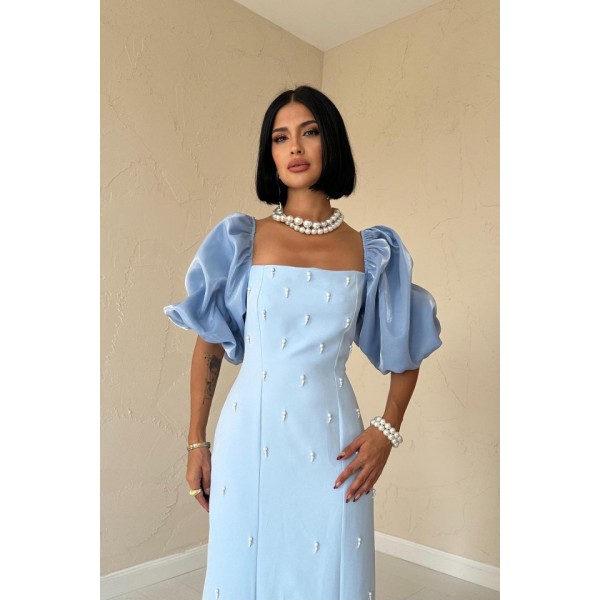 Bebe Mavi İşlemeli Kolu Garnili Elbise