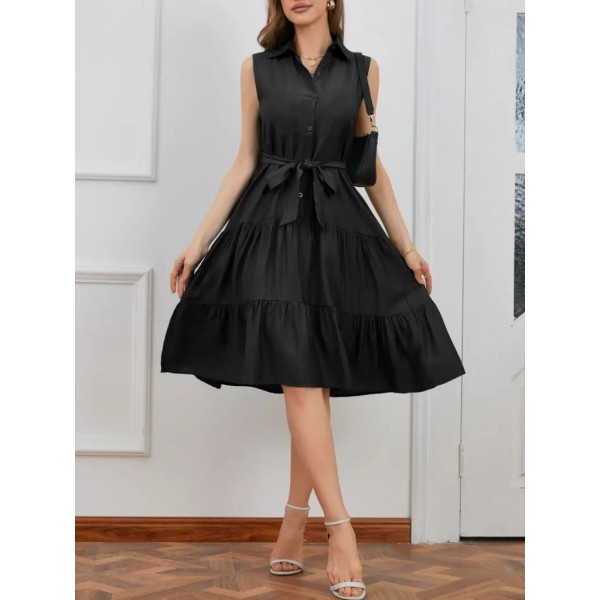 Kadın Kısa Kollu Gömlek Yaka Düğmeli Beli Kuşaklı Katlı Dokuma Midi Elbise