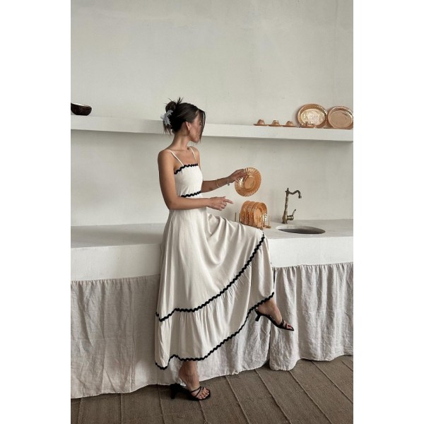 Bej Şerit Detay Keten Elbise