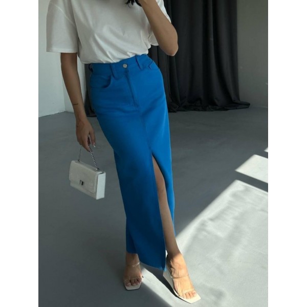 GABARDİN UZUN ÖNDEN YIRTMAÇLI ETEK - Saks