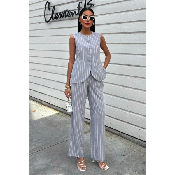 Çizgili Viscon Keten Yelekli Rahat Takım 10121