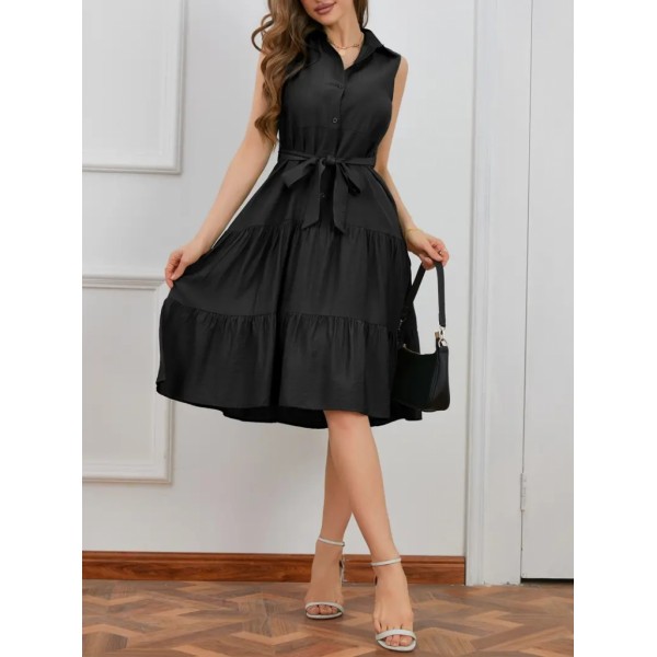 Kadın Kısa Kollu Gömlek Yaka Düğmeli Beli Kuşaklı Katlı Dokuma Midi Elbise