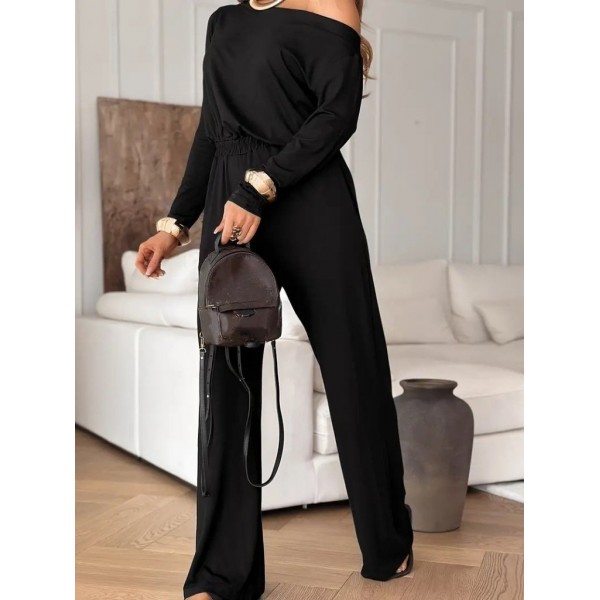 Kadın Tek Omuzdan Açık Uzun Kollu Belden Bağcıklı Uzun Viskon Iki Iplik Tulum