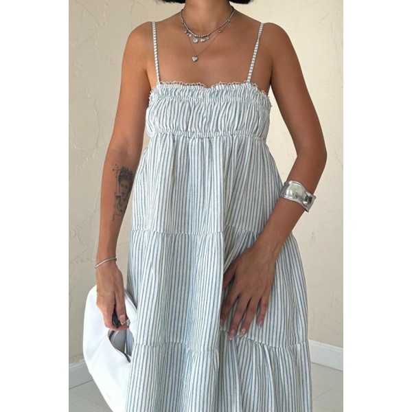 Mavi Askılı Parçalı Çizgili Müslin Elbise