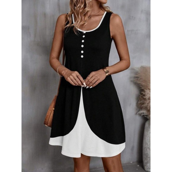 Kadın Askılı Yuvarlak Yaka önden Düğmeli çift Renkli Viskon Elbise