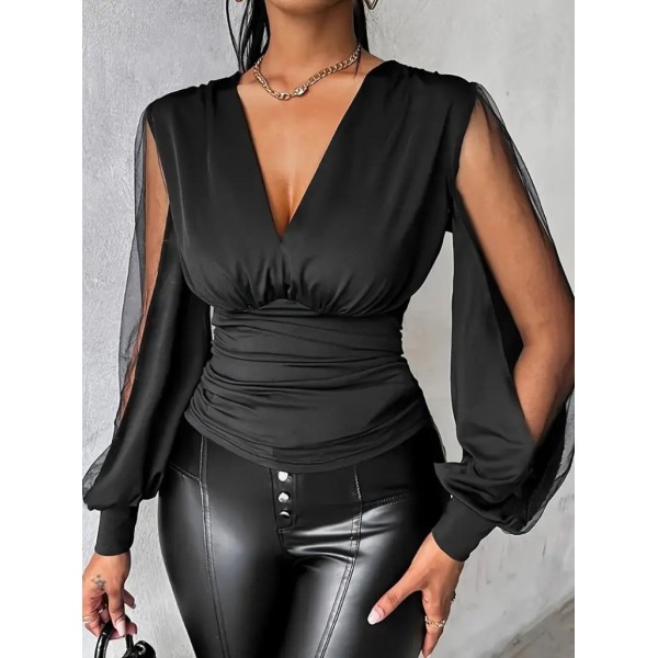 Kadın Uzun Yırtmaç Tül Detaylı Derin V Yakalı Sandy Bluz