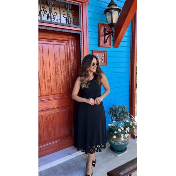 Kadın Kolsuz Etek Ucu Lazer Kesim çiçek Desenli Midi Boy Janjan Krep Elbise