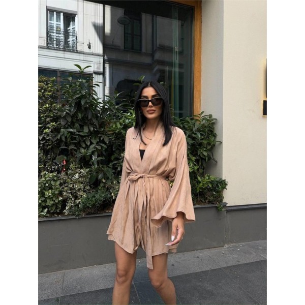JAKARLI KİMONO - ŞORT TAKIM - Bej