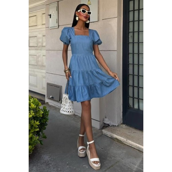 Kare Yakalı Ve Gipe Detaylı Tensel Elbise 2883