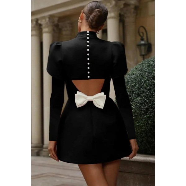 Kadın Uzun Kollu Yarı Balıkçı Yaka Arkadan Kurdela Detaylı Mini Atlas Elbise