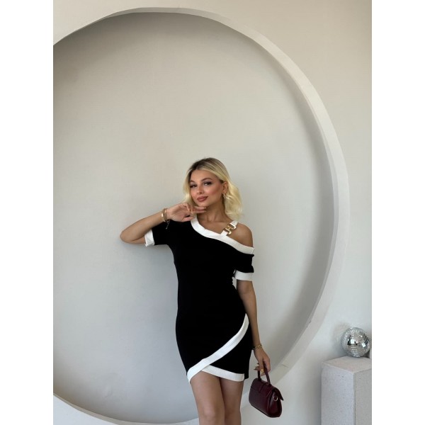 Kadın Kısa Kollu Asimetrik Kesim Yaka şerit Ve Aksesuar Detaylı Modal Elbise