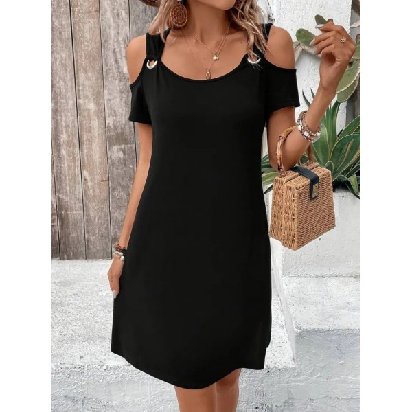 Kadın Askılı Omuzlardan Açık Kısa Kollu Kuş Gözü Detaylı Viskon Elbise