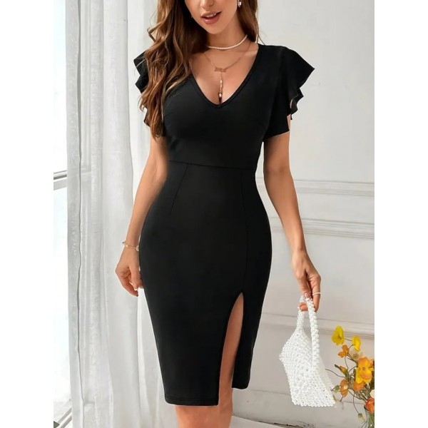 Kadın Kısa Kollu V Yakalı Kolları Volanlı Yandan Yırtmaçlı Kısa Janjan Krep Elbise