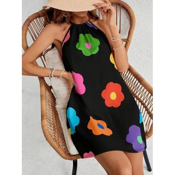 Kadın Boyundan Askılı Kolsuz çiçek Desenli Süprem Elbise