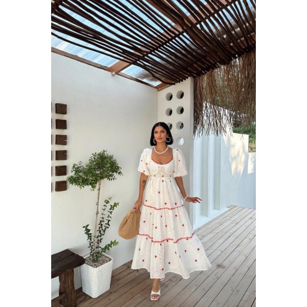 Nar Çiçeği Dantel Detaylı Brode Elbise