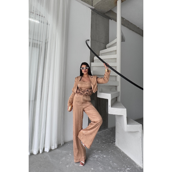 JakarJAKARLI BLUZU TASARIM DETAYLI CEKET-PANTOLON-BLUZ 3 LÜ TAKIM - Bej