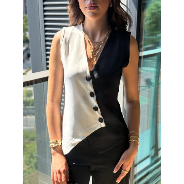 Kadın Sıfır Kol V Yakalı Düğmeli Blok Renkli Atlas Yelek