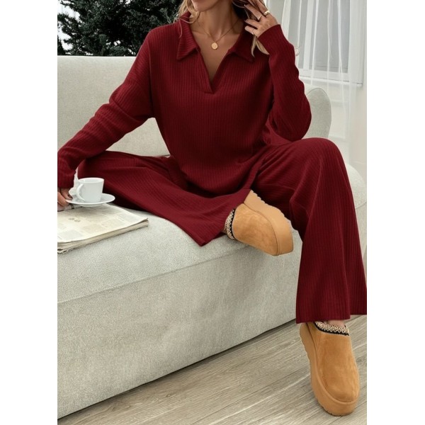 Kadın Uzun Kollu V Yakalı şardonlu Kaşkorse Bluz Ve Pantolon Ikili Takım