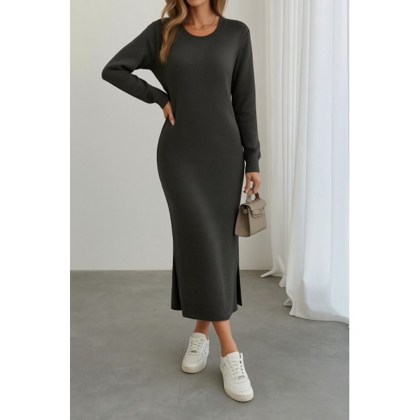 Kadın Uzun Kollu Bisiklet Yaka Yırtmaç Detay Triko Midi Boy Elbise