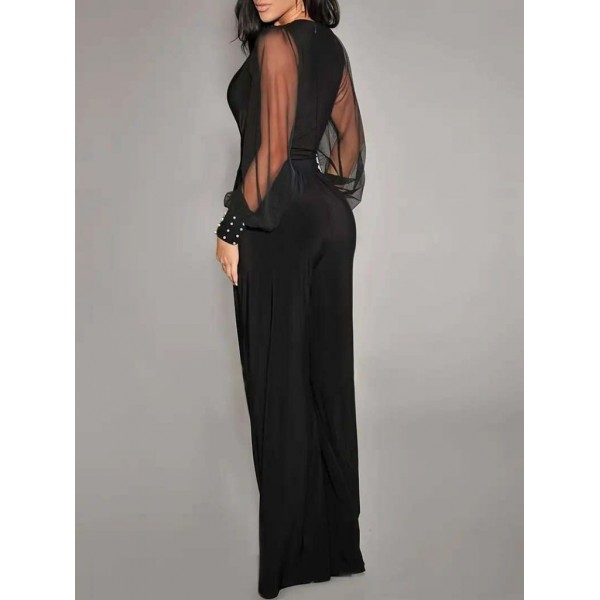 Kadın Uzun Kollu Kruvaze Yakalı Kolları Tüllü Viskon Tulum