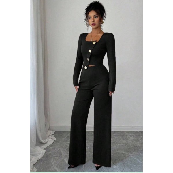 Kadın Uzun Kol Kare Yaka Asimetrik Düğme Detay Bluz Ve Yüksek Bel Pantolon Ikili Takım