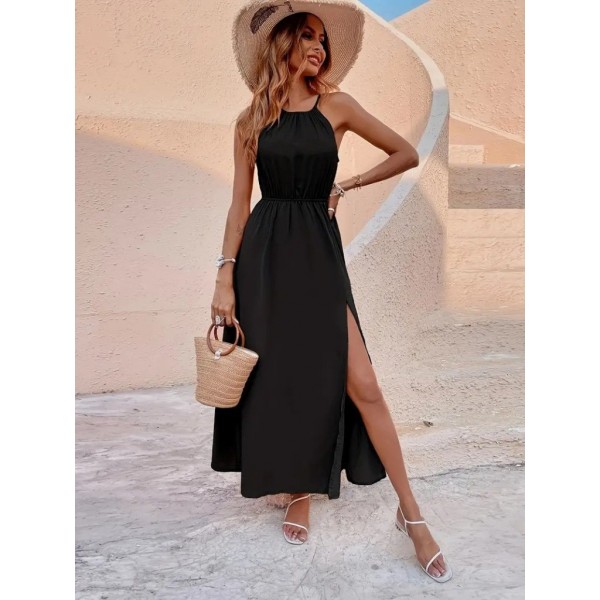 Kadın Boyundan Askılı Belden Lastikli Yandan Yırtmaç Detaylı Viskon Elbise