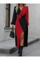 Kadın Uzun Kollu Kruvaze Yakalı Belden çapraz Detaylı çift Renkli Midi Ithal Krep Elbise