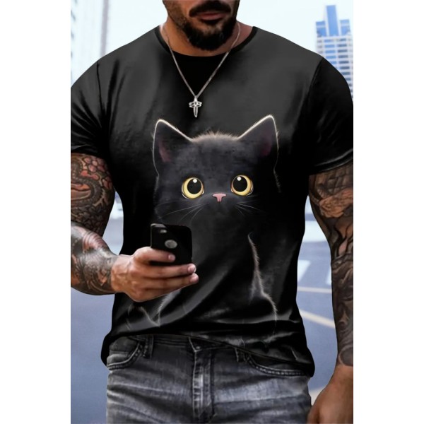 Erkek Bisiklet Yaka Kedi Baskılı Süprem T-shirt