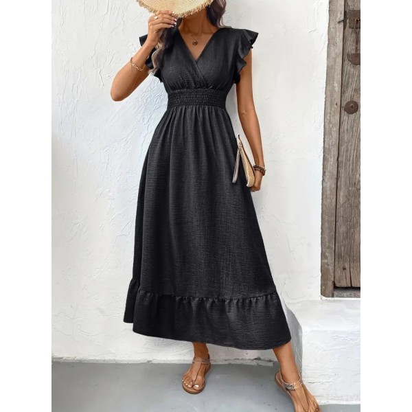 Kadın Kısa Kelebek Kollu Kruvaze Yakalı Beli Lastikli Aerobin Elbise