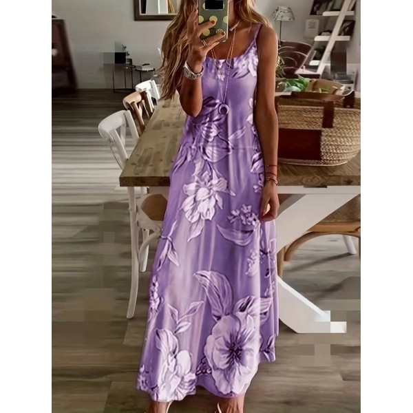 Kadın Askılı Yuvarlak Yaka Etek Geniş Kesim Desenli Süprem Elbise