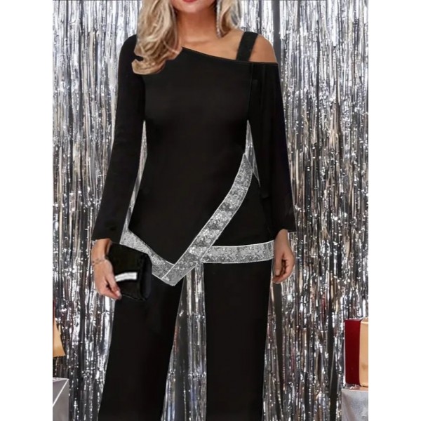 Kadın Tek Omuzdan Açık Uzun Kollu önü Pulpayet Ithal Krep Bluz Ve Pantolon