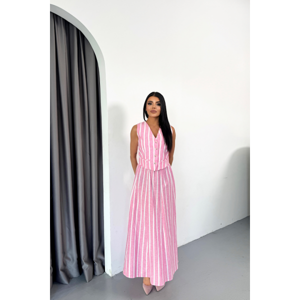 KETEN ÇİZGİLİ YELEK - UZUN ETEK TAKIM - Pembe