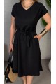 Kadın Kısa Kollu V Yakalı Beli Kuşaklı Ithal Keten Elbise