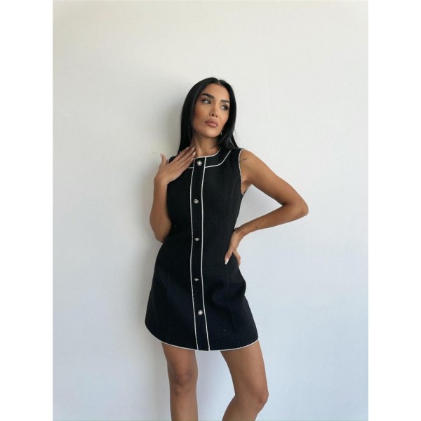 CHANEL KUMAŞ KISA ÖNDEN DÜĞMELİ ELBİSE - Siyah
