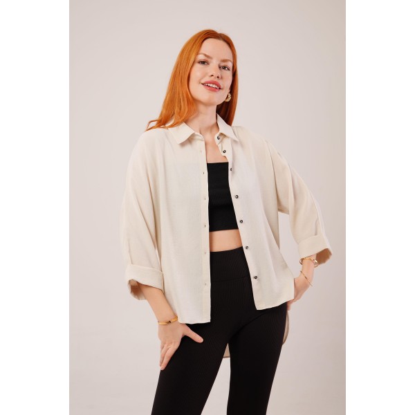 Kol Katlama Detaylı Bej Gömlek