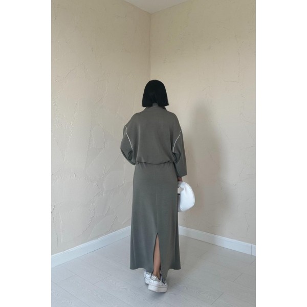 Haki Biyeli Sweatshirt Ve Etek Takım