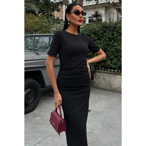 Beli Büzgülü Midi Elbise 2853