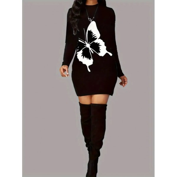 Kadın Uzun Kollu Bisiklet Yaka Kelebek Desenli Kısa Viskon Iki Iplik Elbise