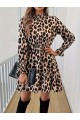 Kadın Uzun Kollu Yarı Balıkçı Yaka Leopar Desenli Modal Mini Elbise