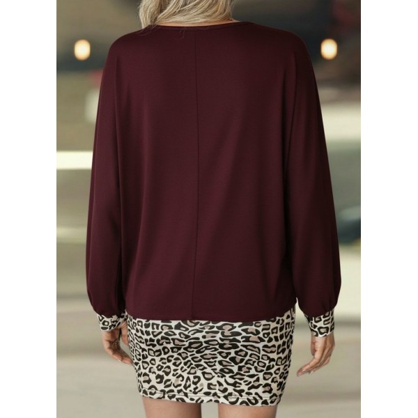 Kadın Uzun Kollu Bisiklet Yaka üst Viskon Iki Iplik Alt Leopar Desenli Mini Elbise