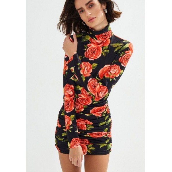 Kadın Balıkçı Yaka Gül Baskılı Fırsat ürün Mini Elbise