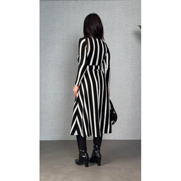 Kadın Uzun Kollu Kruvaze Yaka Kemer Dahil çizgili Triko Elbise