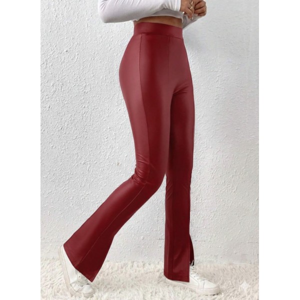 Kadın Yüksek Bel önden Yırtmaçlı Deri Tayt