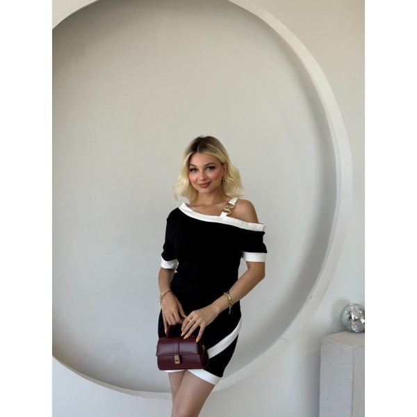 Kadın Kısa Kollu Asimetrik Kesim Yaka şerit Ve Aksesuar Detaylı Modal Elbise