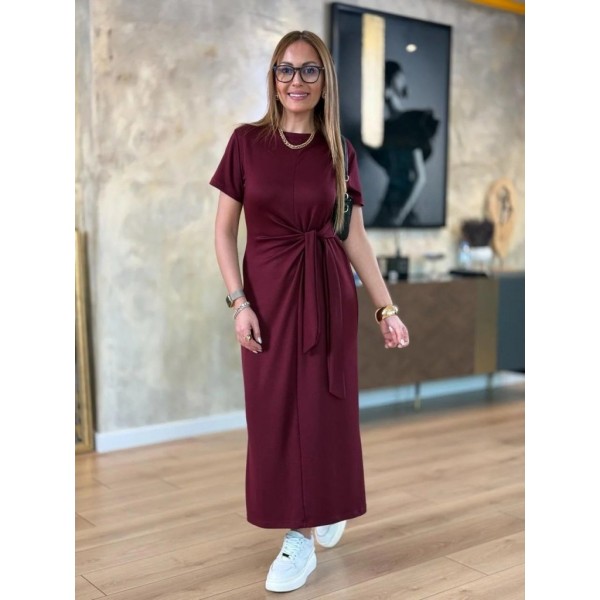 Kadın Kısa Kollu Bisiklet Yaka Yandan Bağlamalı Viskon Iki Iplik Elbise